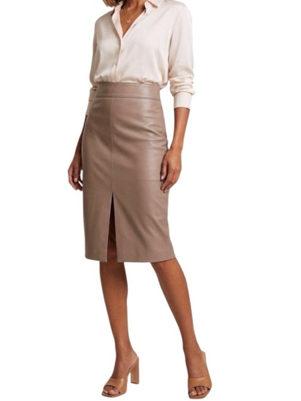Aritzia Babaton PEGU Taupe Faux Leather Business Career Knee Length Skirt 10